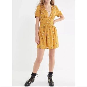 Urban Outfitters Marigold Yellow Floral Deep V Neck Dress - Size Large